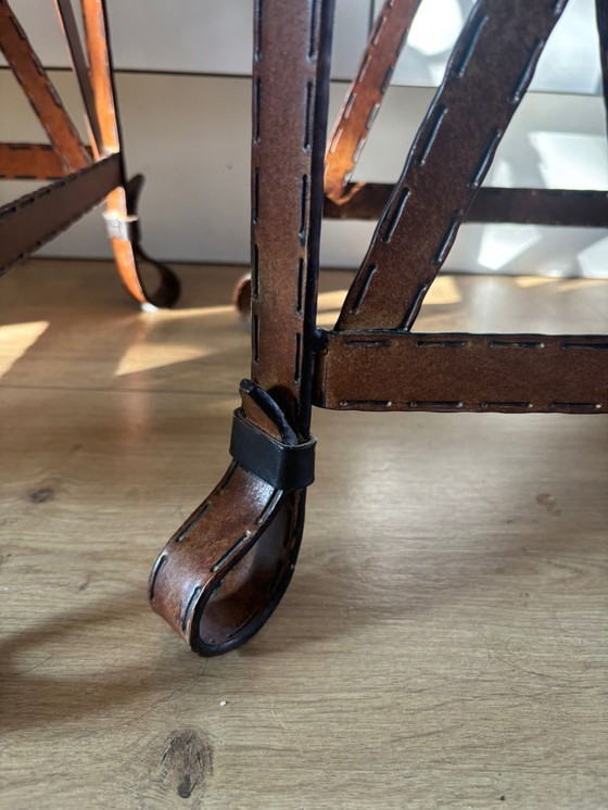 Image 1 of Unique set of 3 console tables – France, 1970s – in the style of Jacques Adnet – iron (imitation leather) and glass