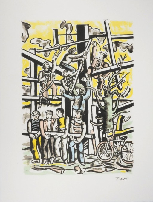 Fernand LEGER : Les Constructeurs Au Vélo, Lithographie Signée – lithos zeefdrukken, Paper