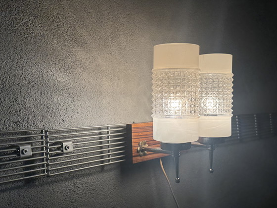 Image 1 of Lampada da parete vintage con tubi di vetro e piastra posteriore in legno