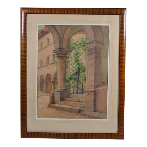 Emile Goussery (Französisch) "Der Kreuzgang - Ursulinenkloster" Aquarell, signiert und datiert 1938