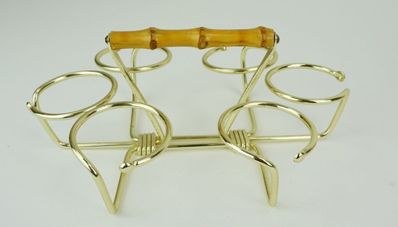 Image 1 of set of 6 mid century SHOT GLASSES in a brass holder with bamboo handle 1950s