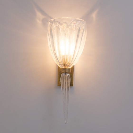 Image 1 of Pair of Italian Murano Iridescent Glass and Brass Wall Sconces