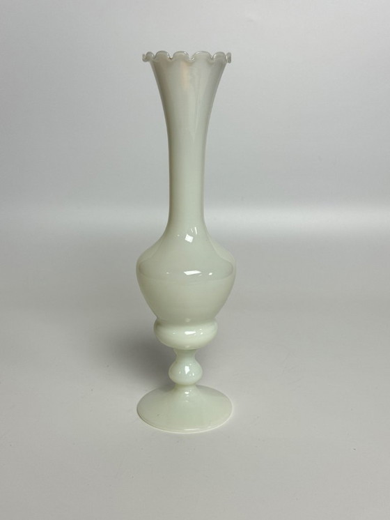 Image 1 of Elegant Italian Opaline Glass Rose Vase with Scalloped Rim, attributed to Stelvia. Italy, 1960s