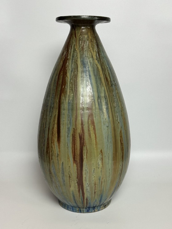 Image 1 of Large Exquisite Early Mid-Century Salt Glaze Stoneware Vase Signed by Guerin with small Neck, 1930s.