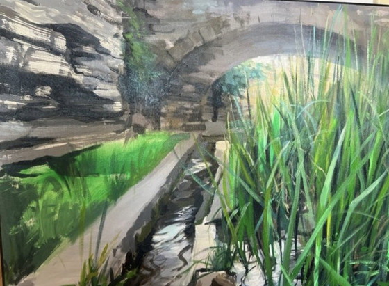Groot Natuurlandschap Schilderij - Rivier met Stenen Brug, Origineel Acryl op Canvas 80x80cm (photo 5 of 7)