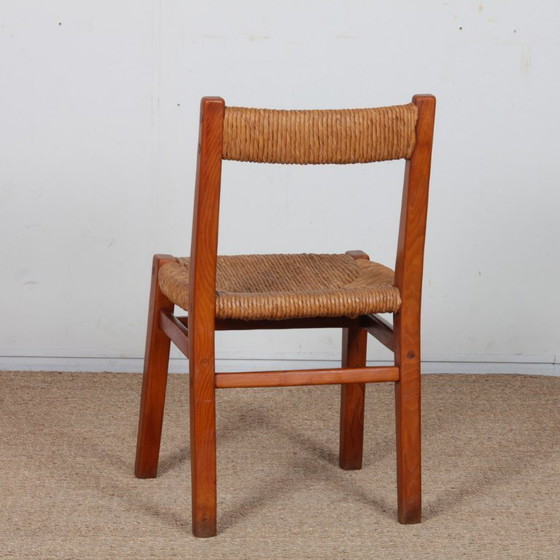 Image 1 of Set of 6 straw-seated chairs in solid elm, French work, 1950