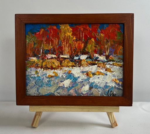 Original Oil Painting Snow Village Landscape Sunny winter day