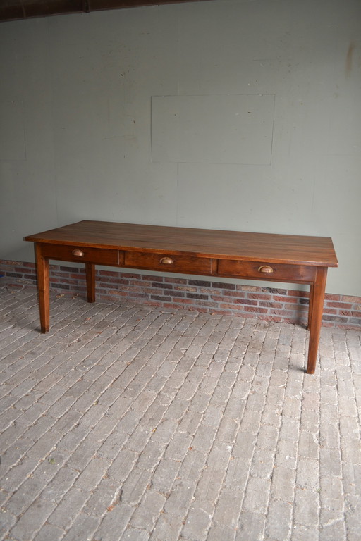 Large antique oak wooden dining table with 6 drawers.