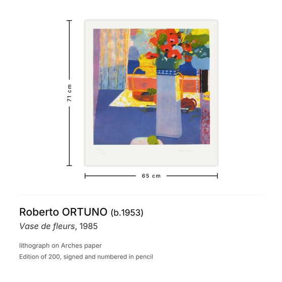 Roberto Ortuno Signed Lithograph Vase De Fleurs 1985 – Lithographs & prints, Paper (photo 3 of 5)