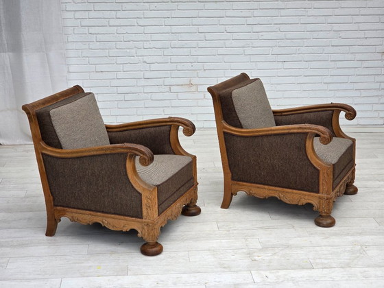 Image 1 of Années 1950, fauteuil danois, meuble en laine, bois de chêne massif sculpté.