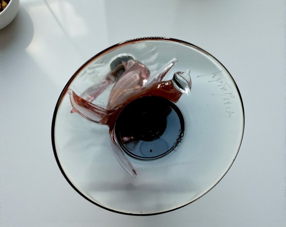 Image 1 of Murano - Artistic chalice - Blown glass with pink dolphin stem and blue base, signed