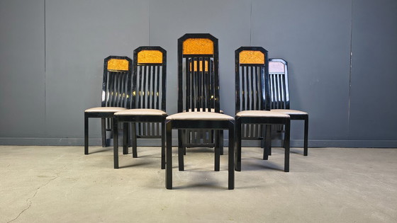 Image 1 of Chaises de salle à manger vintage en loupe de bois et laque, années 1980