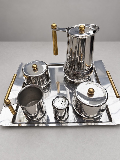 Nieuwstaat! Vintage Guido Bergna voor Douwe Egberts – 5-delige Italiaanse design koffieset (RVS 18-10) – tafelaccessoires