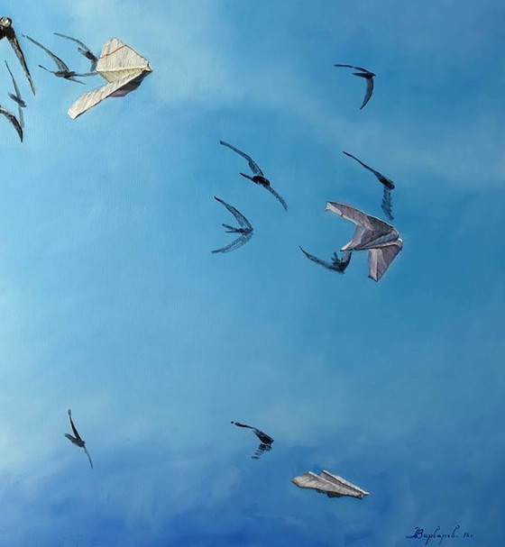 Origineel olieverfschilderij, moderne kunst, symboliek, lucht, vogels, luchtcorridor (photo 5 of 7)