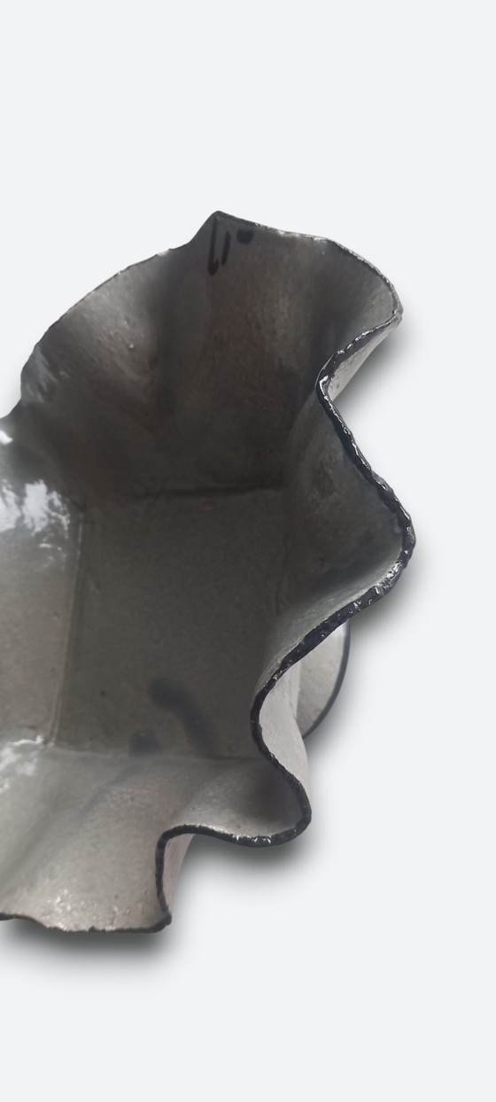 Image 1 of Studio ceramic bowl on foot with organic shape and gray glaze – signed studio mark