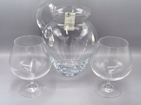Image 1 of Karaf van geblazen glas met 3 druppels van 925 zilver en 2 proefglazen van geblazen glas.