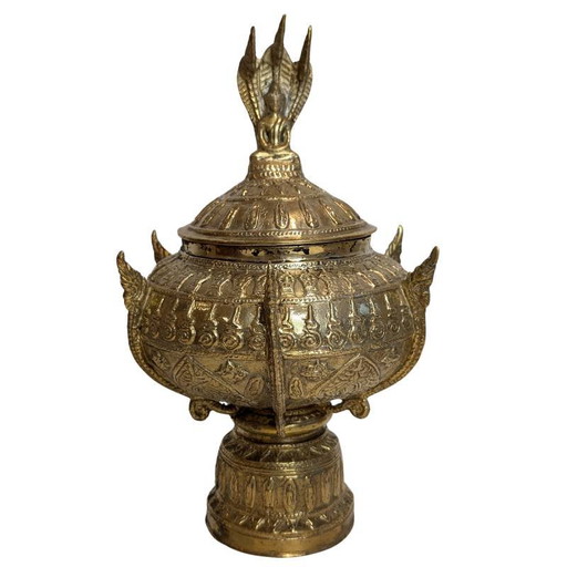 Cuenco de Ofrenda Ritual Antiguo con Tapa Naga - Bronce - Sudeste Asiático