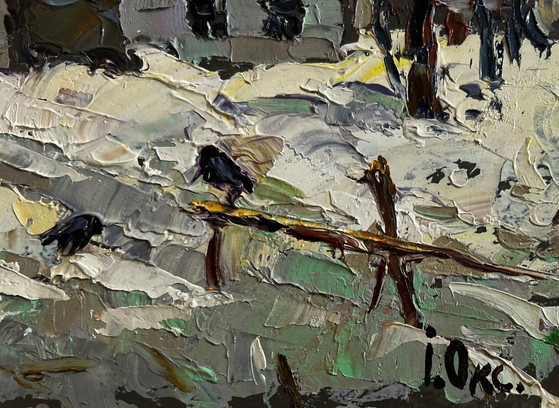 Image 1 of Original Oil Painting Snow Village Landscape Moonlit winter night