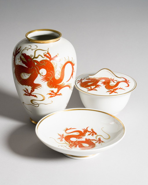 Heinz Schaubach Kunst Porseleinen Vaas Kom Deksel-Doos Set Draak Art Déco Jugendstil
