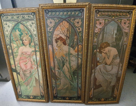 Image 1 of 3 ingelijste prenten, schilderijen van Alphonse Mucha, Tijden van de dag, Art Deco