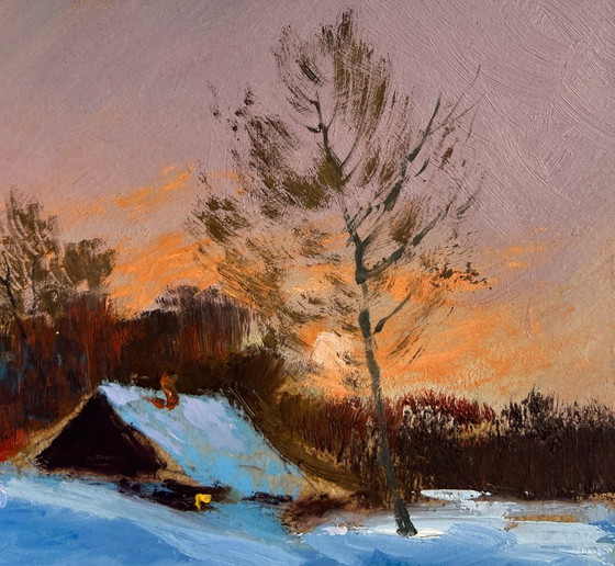 Image 1 of Original Oil Painting Sunset Village Landscape A quiet evening in the snowy glow