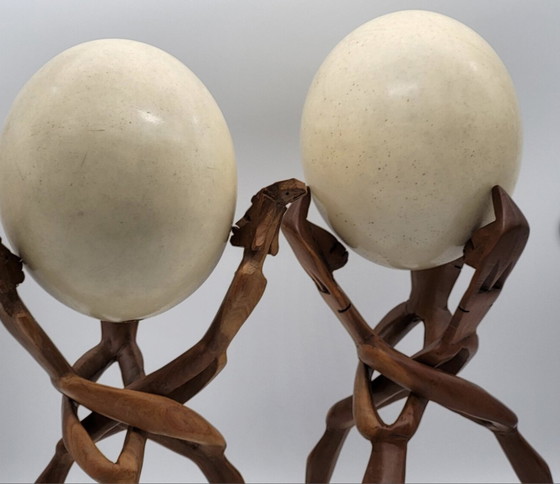 Image 1 of Genuine Ostrich Eggs, Vintage, Exotic Wood Stands