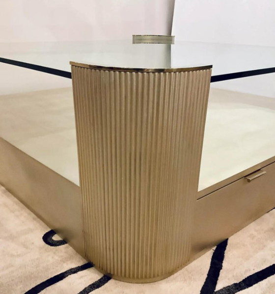 Image 1 of Caracole Modern Champagne Silver Square Coffee Table with Fluted Design, Large Contemporary Cocktail Table for Living Room
