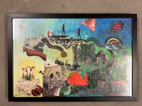 Image 1 of Very large surrealist collage painting by Alain Gaudet, 1979
