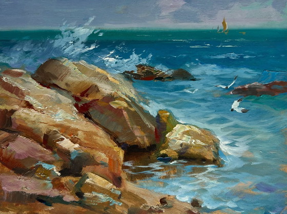 Image 1 of Original Oil Painting Sea Rock Landscape Sailboats on the sea horizon