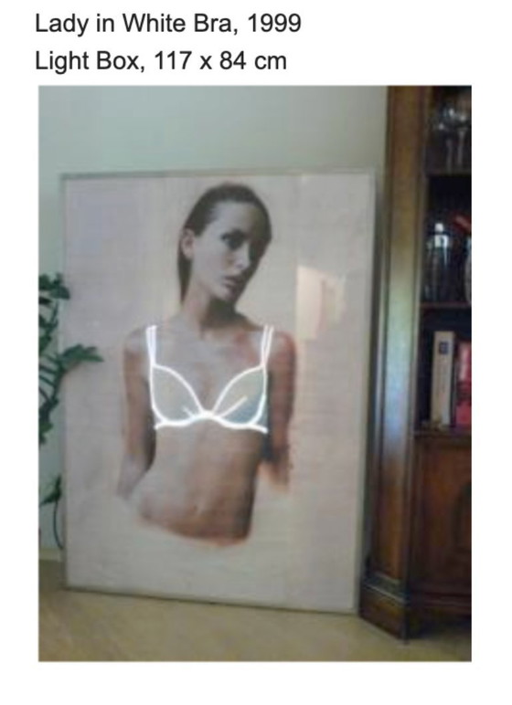 Image 1 of Daniële Buetti: Work 1999, Untitled, size 117x84x10.2: A lady with a white bra with perforations
