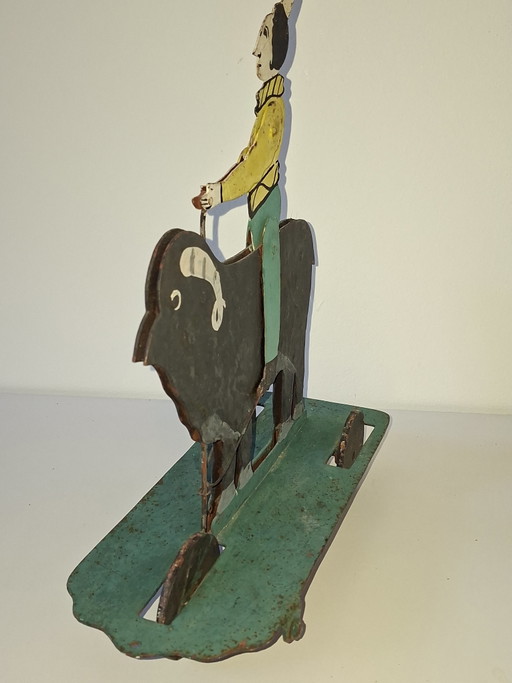 Metallspielzeug – Balancefiguren, Ziehfigur, Rodeo-Clown, 1930er Jahre