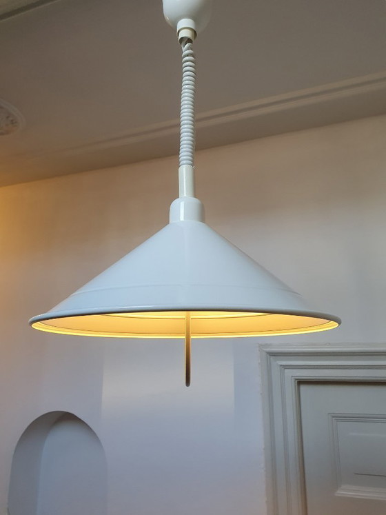 Image 1 of Lampada a sospensione vintage in metallo bianco con interruttore a cordicella