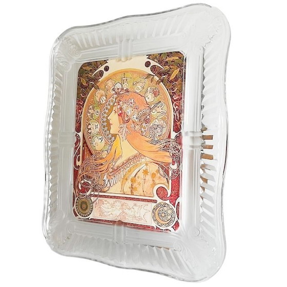 Image 1 of Cornice in vetro vintage, cristallo, stile art nouveau, stampa fotografica del dipinto Mucha, Zodiaco, anni '80