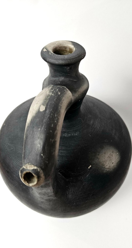 Image 1 of WABI SABI Antiker ungarischer schwarzer Keramik-Wasserkrug, großer Tonkrug Botijo aus dem frühen 20. Jahrhundert
