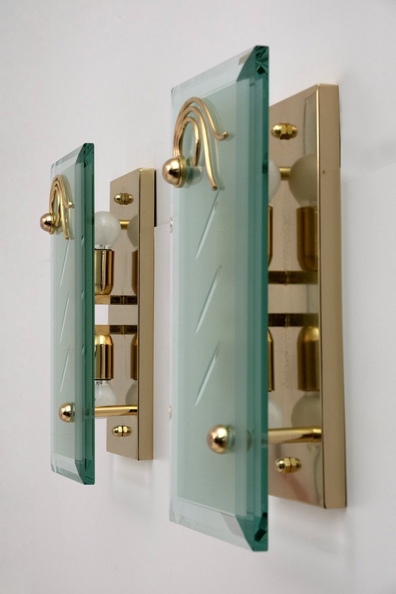 Image 1 of Paar moderne italienische Kristall- und Messingleuchten aus der Mid Century-Periode, 1970er Jahre