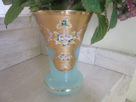 Image 1 of Art Nouveau Vase Large Heavy Enameled Turquoise Gold  