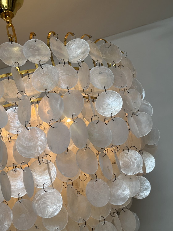 Image 1 of Xl lampe pendante vintage en coquillage capiz chandelier cadre doré