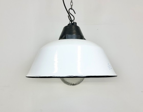 Image 1 of White Enamel and Cast Iron Industrial Pendant Light with Glass Cover, 1960s