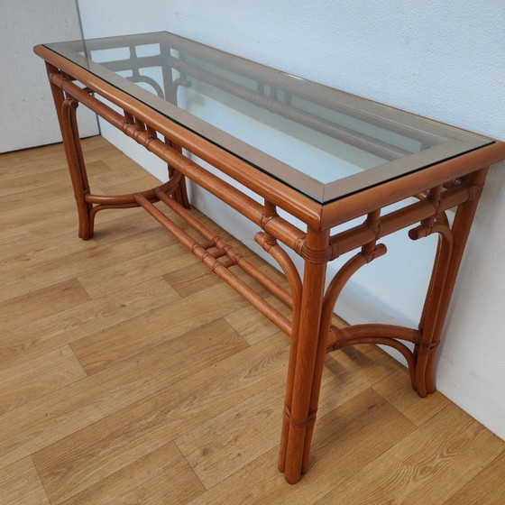 Image 1 of Vintage Rattan Side Table with Glass Top