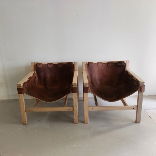 Rare set of two Italian handcrafted safari armchairs designed by Carlo Hauner, exclusive for Forma (Mompiano Brescia)