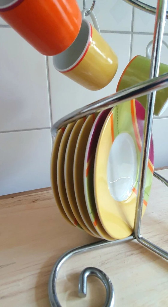 Image 1 of Bicchiere e piattino vintage colorato per 6 persone con appendino cromato