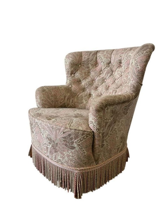 Image 1 of Fauteuil vintage rose clair à motifs floraux / une place avec franges