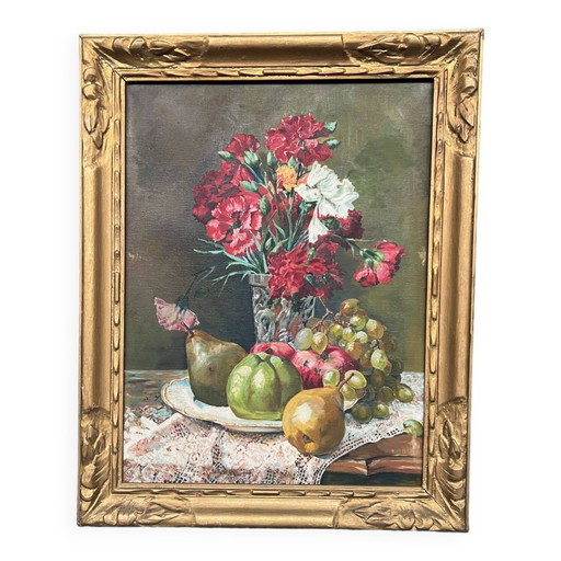 Old painting “Still life with flowers and fruit”. – schilderijen tekeningen, Canvas