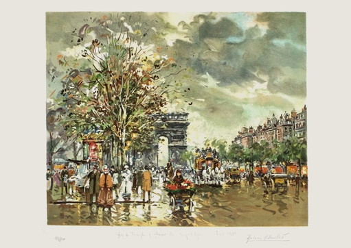 Litografia firmata da Antoine Blanchard Arc de Triomphe et Champs Elysées