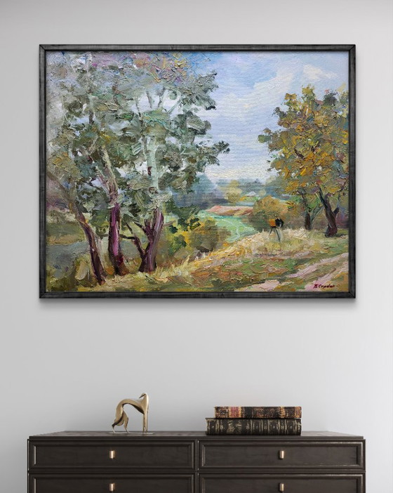 Pittura a olio originale Paesaggio naturale Colline Pioppo argentato – Dipinti e disegni, Canvas (photo 3 of 7)