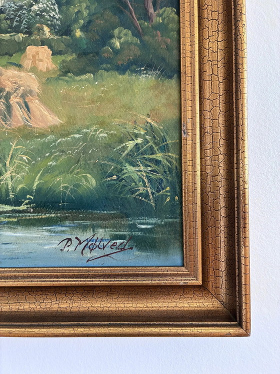 Image 1 of Peinture à l'huile originale vintage de grand paysage, signée, art champêtre