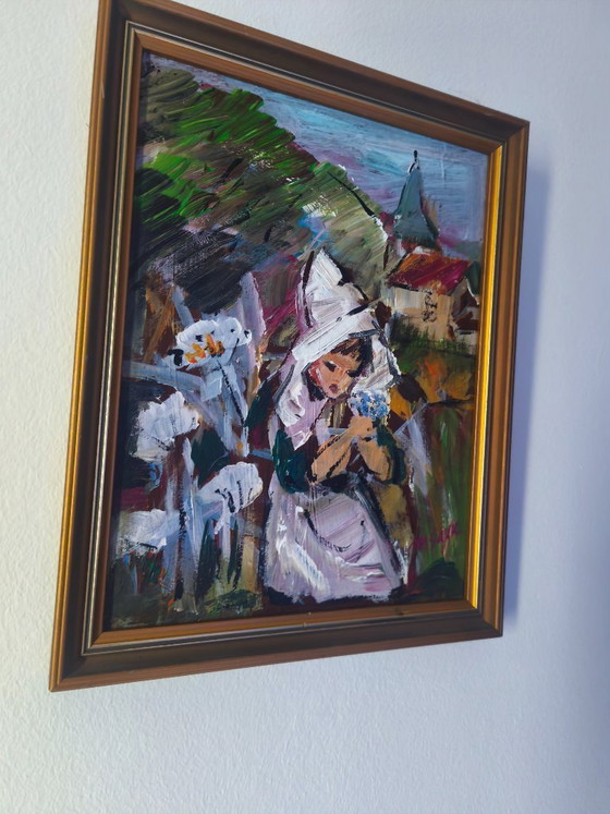 Image 1 of Original Signed Oil Painting – Village Church & Girl – Framed Vintage Artwork