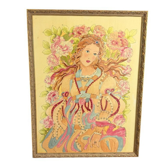 Seidengemälde im Jugendstil einer Frau mit Blumen, Gemälde & Zeichnungen, Papier, Holz, Mehrfarbig (Foto 2 von 13)