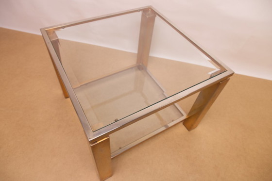Image 1 of Table d'appoint carrée Belgochrom en verre plaqué or 23 carats à deux niveaux