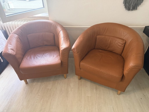 2er Set Vintage Leder-Club-Sessel in Cognac-Braun – fauteuils, Leather, Wood